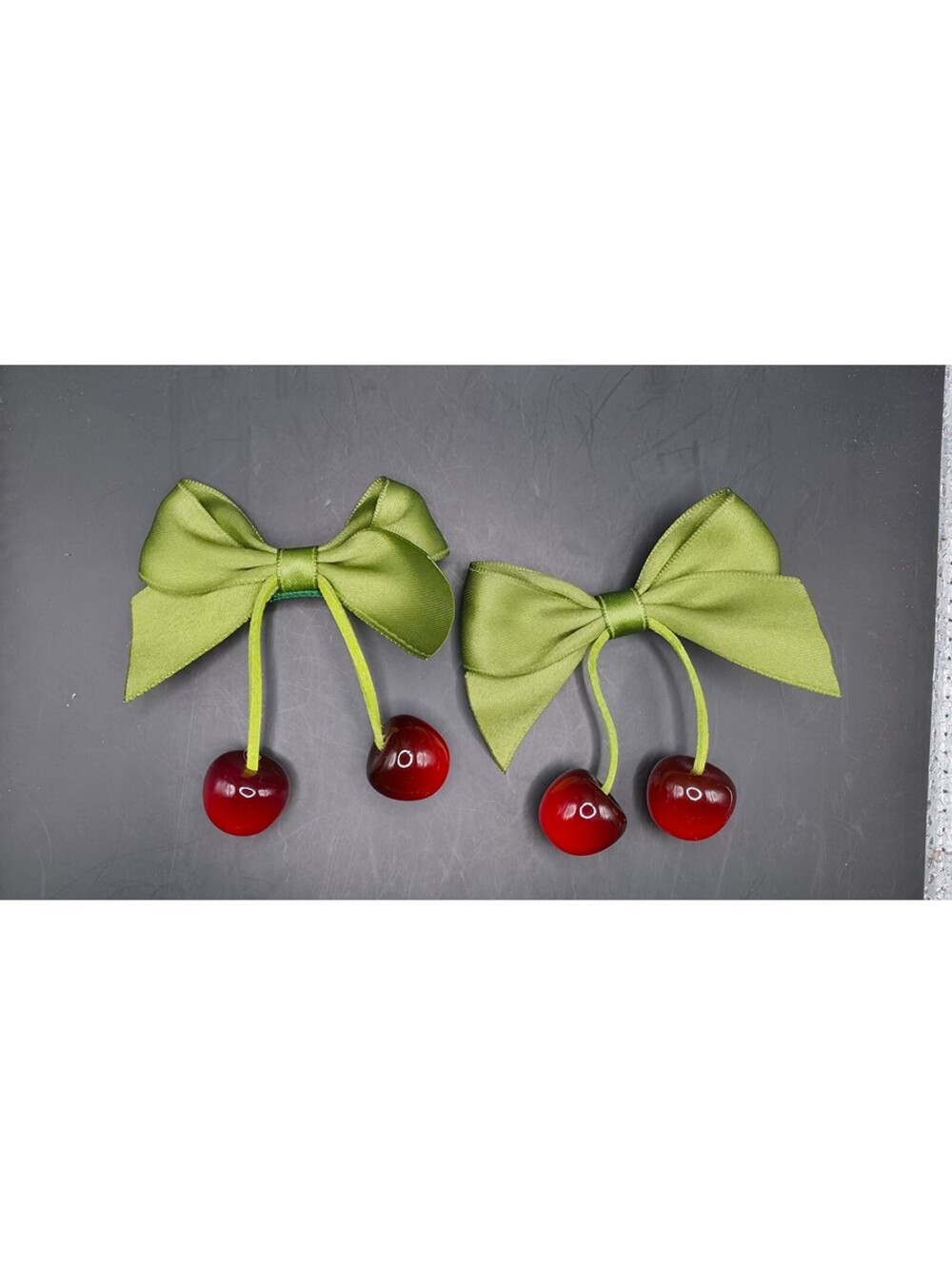 Cute Green Bow Hair Clips with Red Cherry Accents - Set of 2